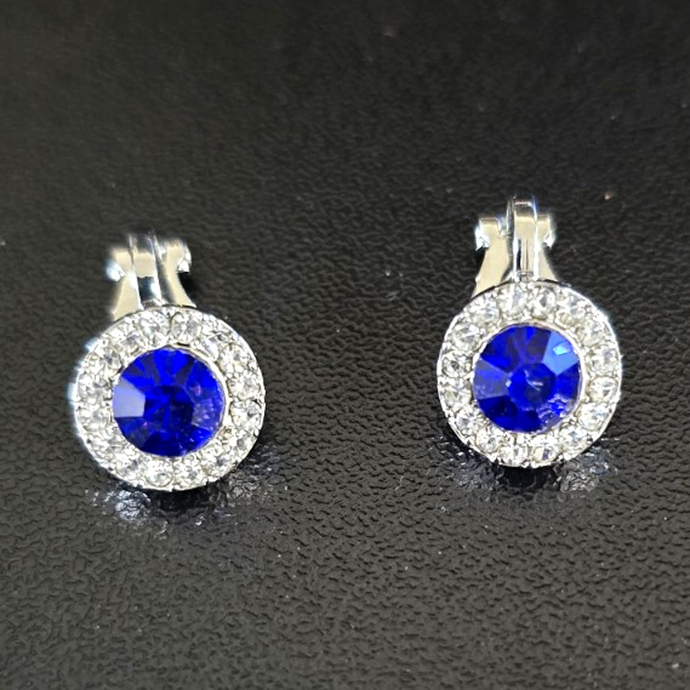 Silver Plated Blue Round Simulated CZ Halo Clip-On Earrings Pair